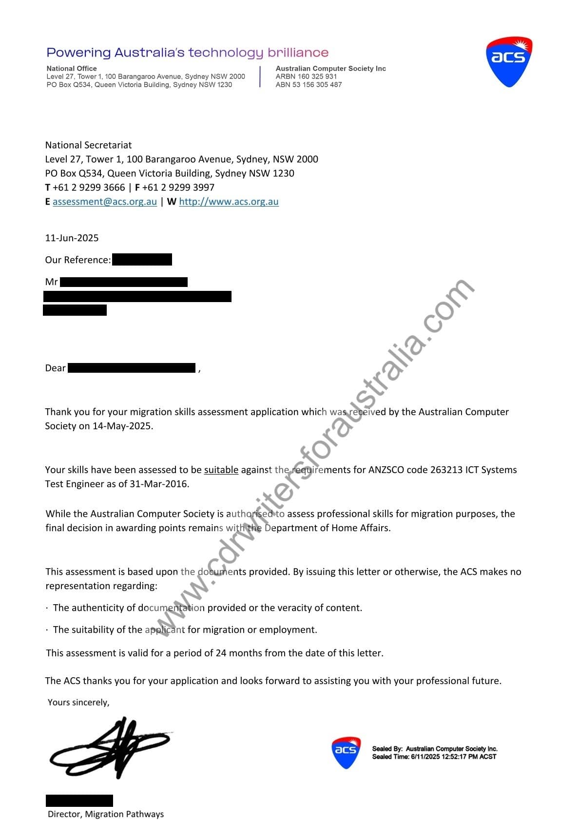 Australian Computer Society migration skills assessment outcome letter for ICT Systems Test Engineer, ANZSCO 263213, with all personal details redacted