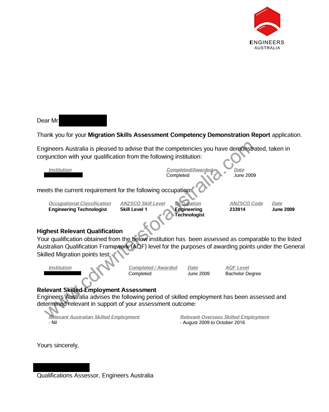 Engineers Australia Migration Skills Assessment outcome letter for Engineering Technologist, ANZSCO 233914, with all personal details redacted