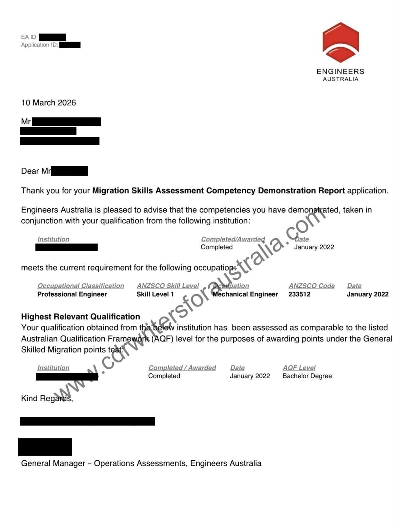 Engineers Australia Migration Skills Assessment outcome letter for Mechanical Engineer, ANZSCO 233512, with all personal details redacted