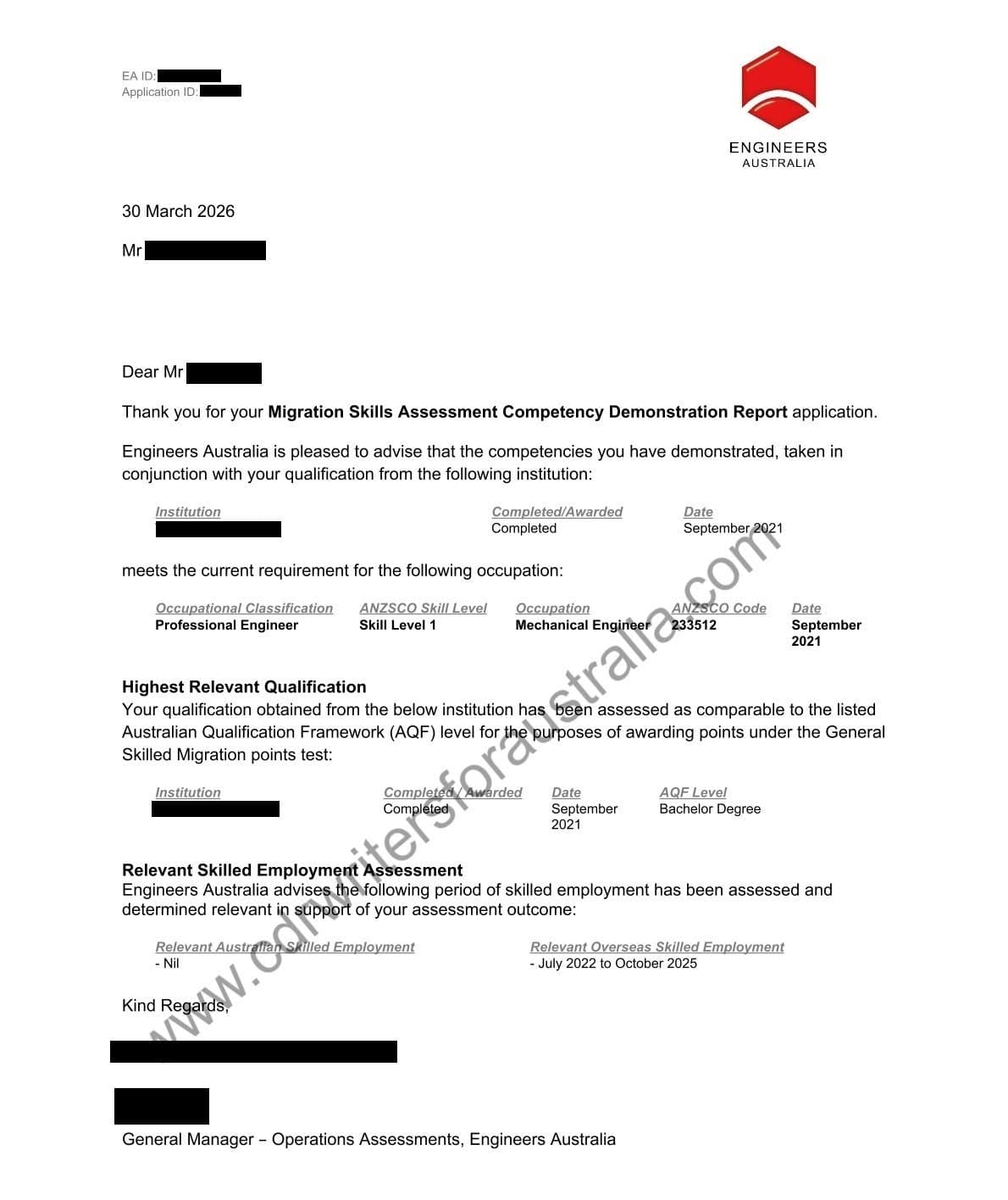 Engineers Australia Migration Skills Assessment outcome letter for Mechanical Engineer, ANZSCO 233512, including relevant skilled employment, with all personal details redacted
