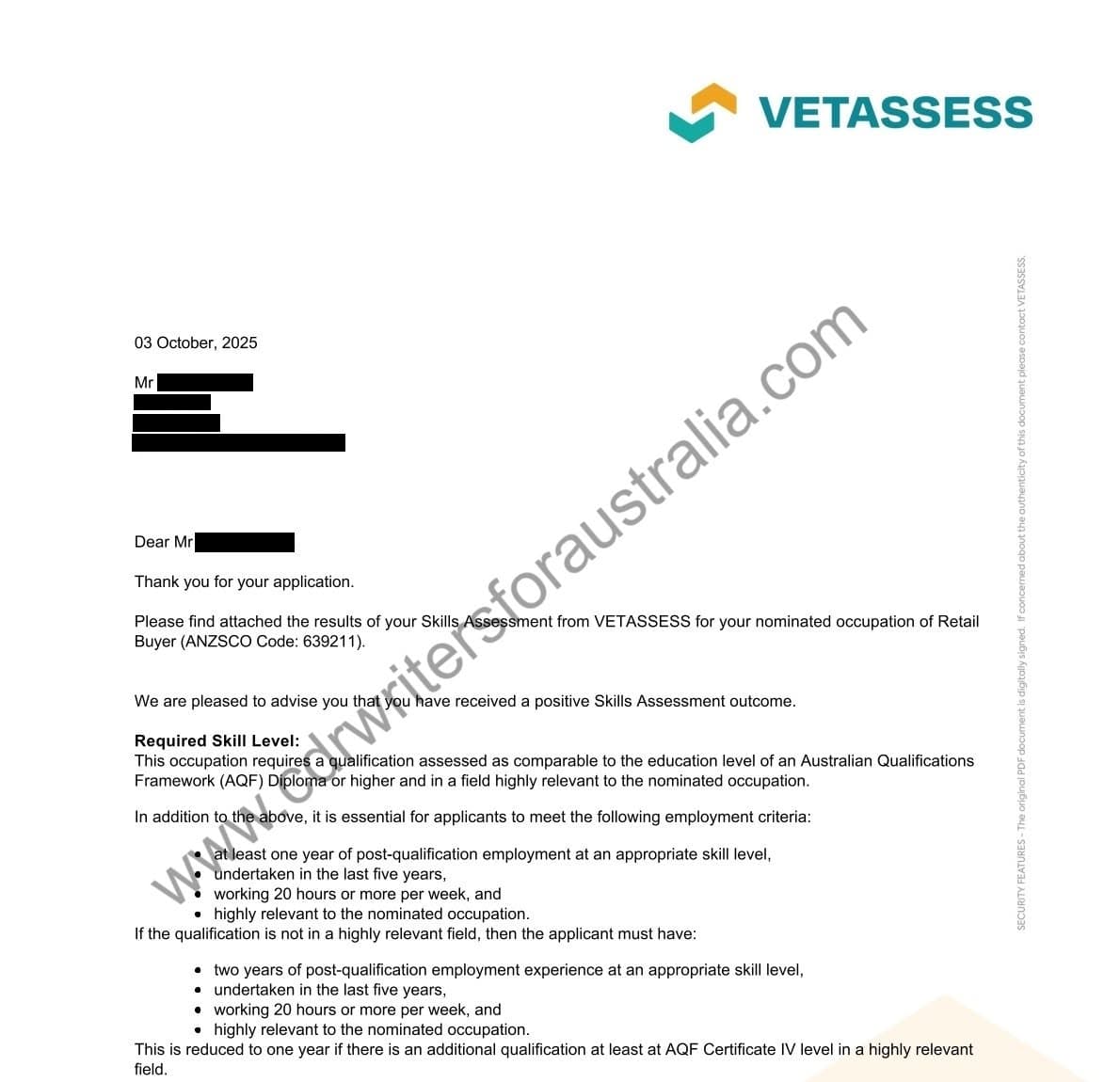 VETASSESS positive Skills Assessment outcome letter for Retail Buyer, ANZSCO 639211, with all personal details redacted